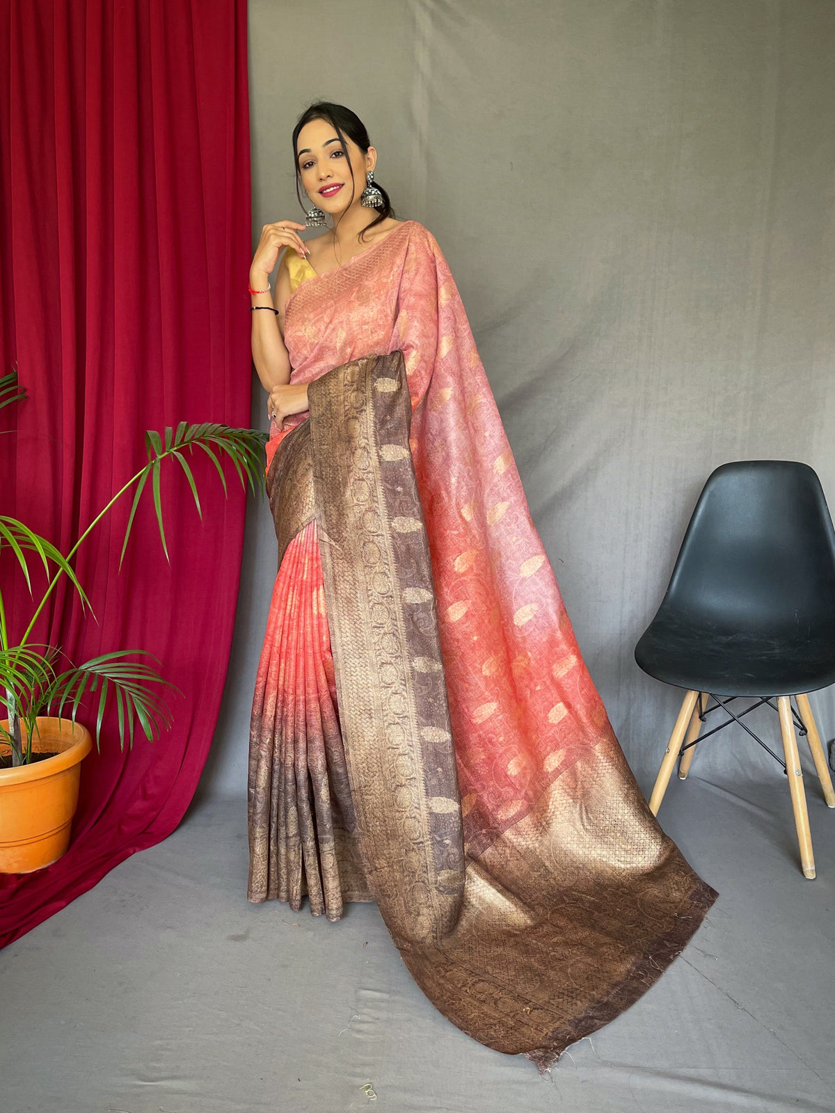 Orange Brown Banarasi Silk Dual Tone Woven Saree with Self Prints Clothsvilla Main image