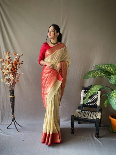 Linen Chaap Woven Saree Ivory White Clothsvilla