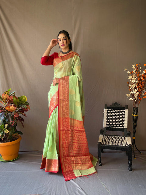 Linen Chaap Woven Saree Pistachio Green Clothsvilla Main image