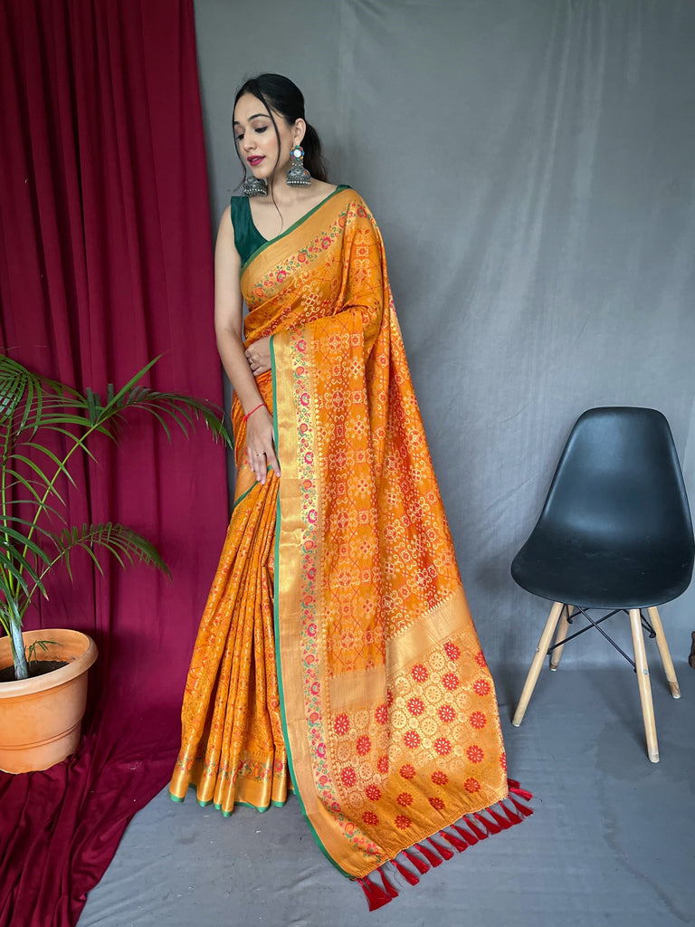 Bandhej Patola Silk Woven Saree Orange Gold Clothsvilla