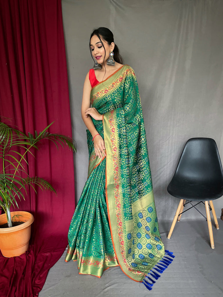 Bandhej Patola Silk Woven Saree Green Clothsvilla