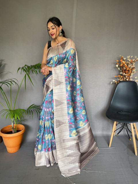 Mangalya Cotton Kalamkari Printed Temple Woven Saree Marine Blue Clothsvilla Main image