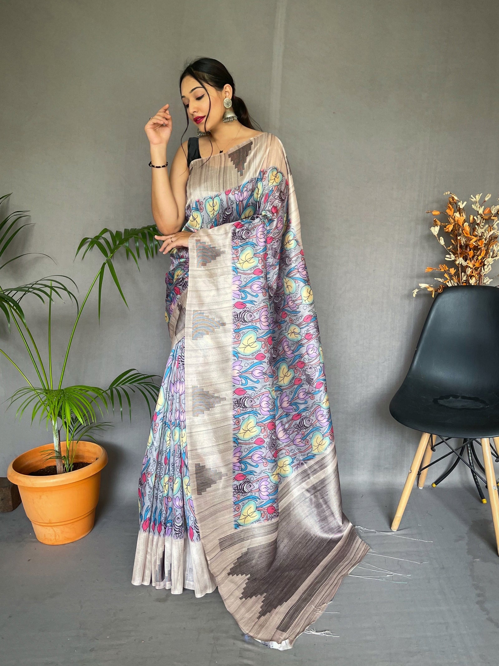Mangalya Cotton Kalamkari Printed Temple Woven Saree Cool Grey Clothsvilla