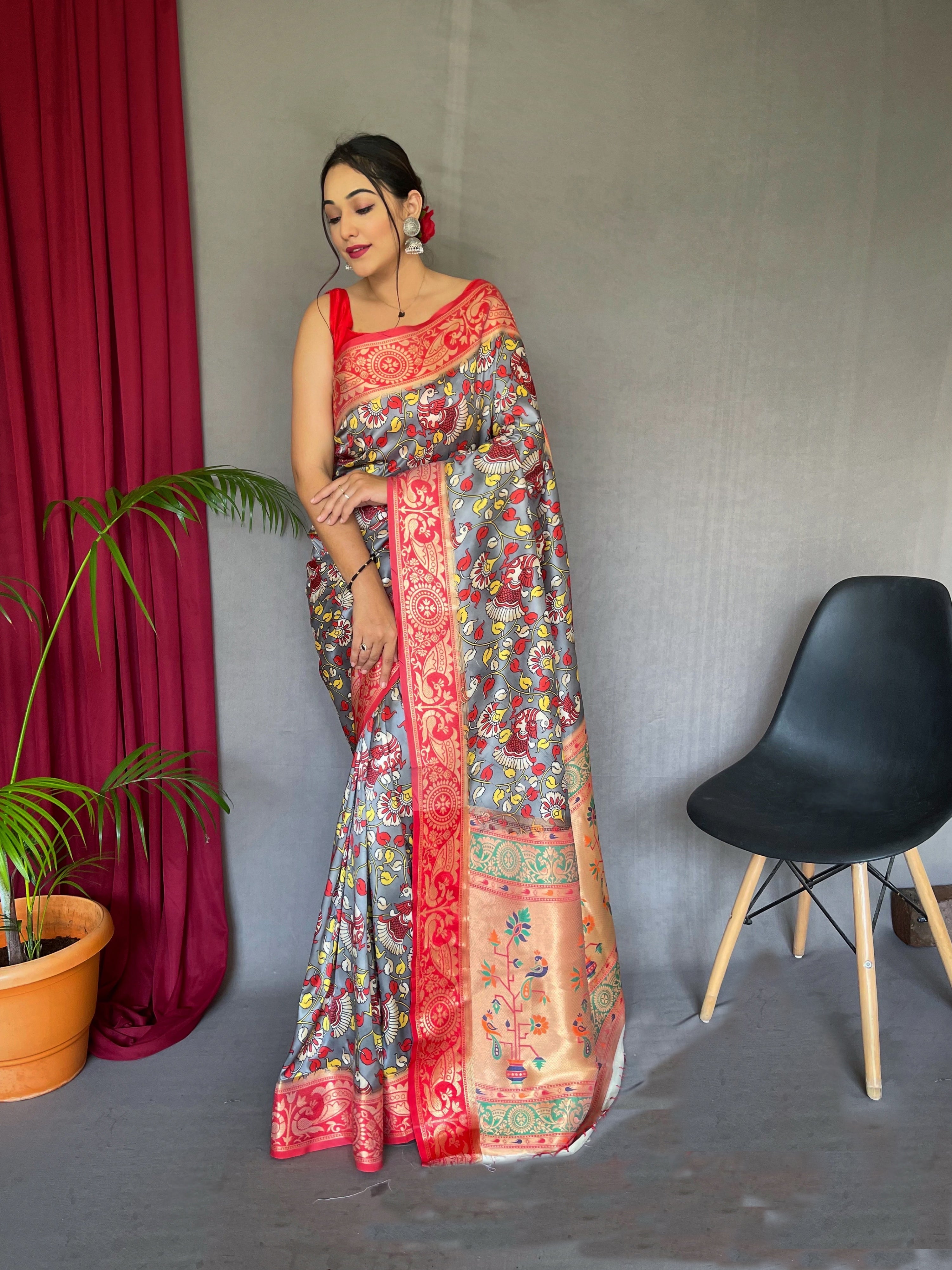 Pannchi Kalamkari Printed Paithani Woven Saree Cool Grey Clothsvilla Main image
