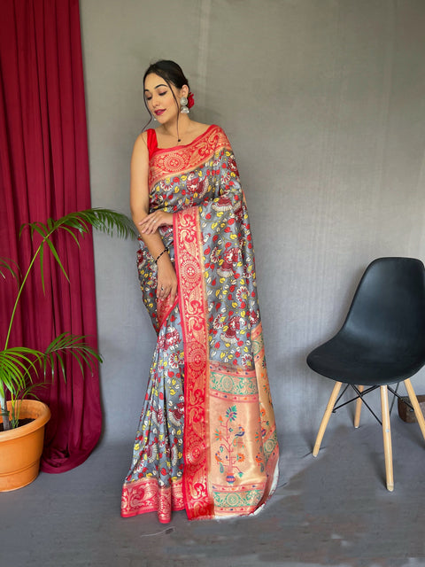 Pannchi Kalamkari Printed Paithani Woven Saree Cool Grey Clothsvilla Main image