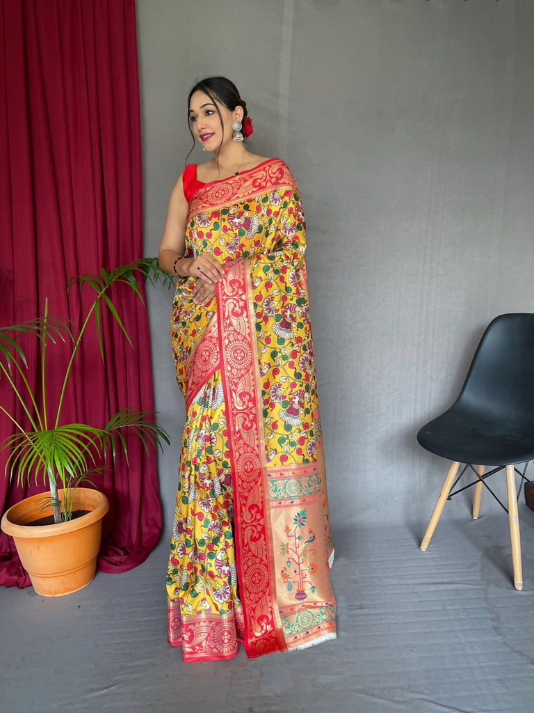 Pannchi Kalamkari Printed Paithani Woven Saree Saffron Mango Clothsvilla