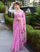 Load image into Gallery viewer, Pure Linen Copper Woven Saree Pink Rose Clothsvilla