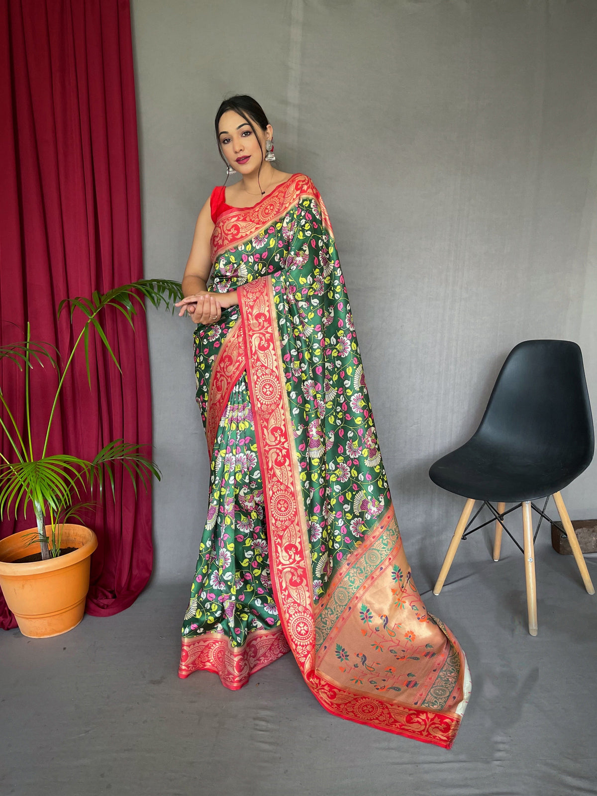 Pannchi Kalamkari Printed Paithani Woven Saree Green Pea Clothsvilla Main image