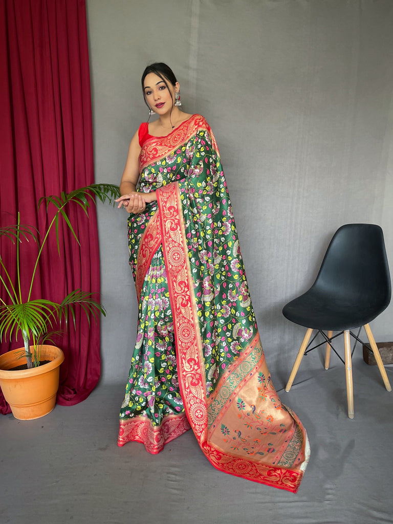 Pannchi Kalamkari Printed Paithani Woven Saree Green Pea Clothsvilla