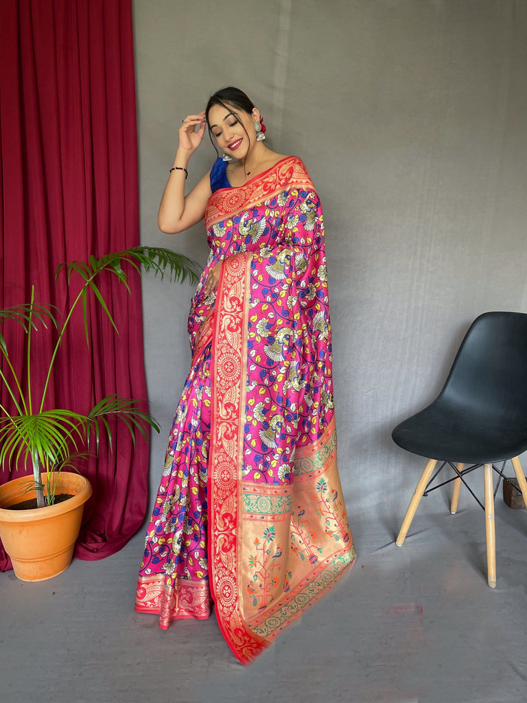 Pannchi Kalamkari Printed Paithani Woven Saree Dark Pink Clothsvilla