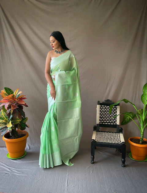 Linen Silver Zari Woven Saree Pista Green Clothsvilla Main image