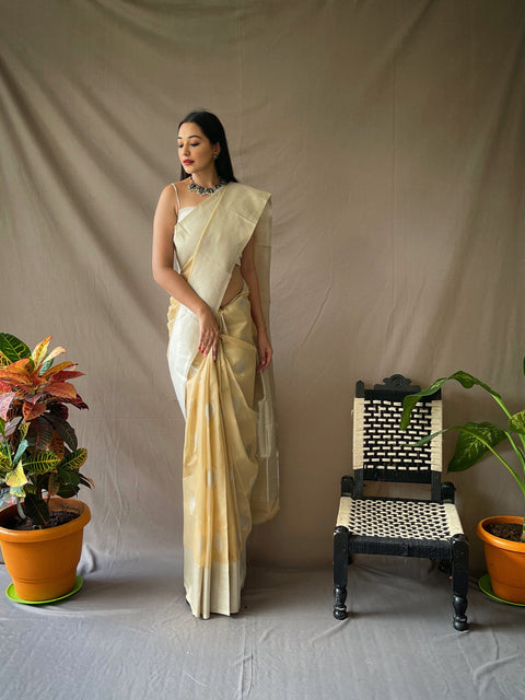 Linen Silver Zari Woven Saree Chickoo Clothsvilla Main image