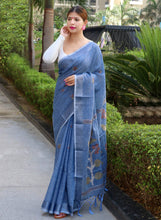 Load image into Gallery viewer, Pure Linen Copper Woven Saree Kashmir Blue Clothsvilla