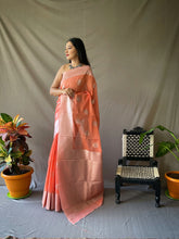 Load image into Gallery viewer, Linen Silver Zari Woven Saree Peach Clothsvilla