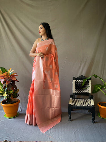 Linen Silver Zari Woven Saree Peach Clothsvilla