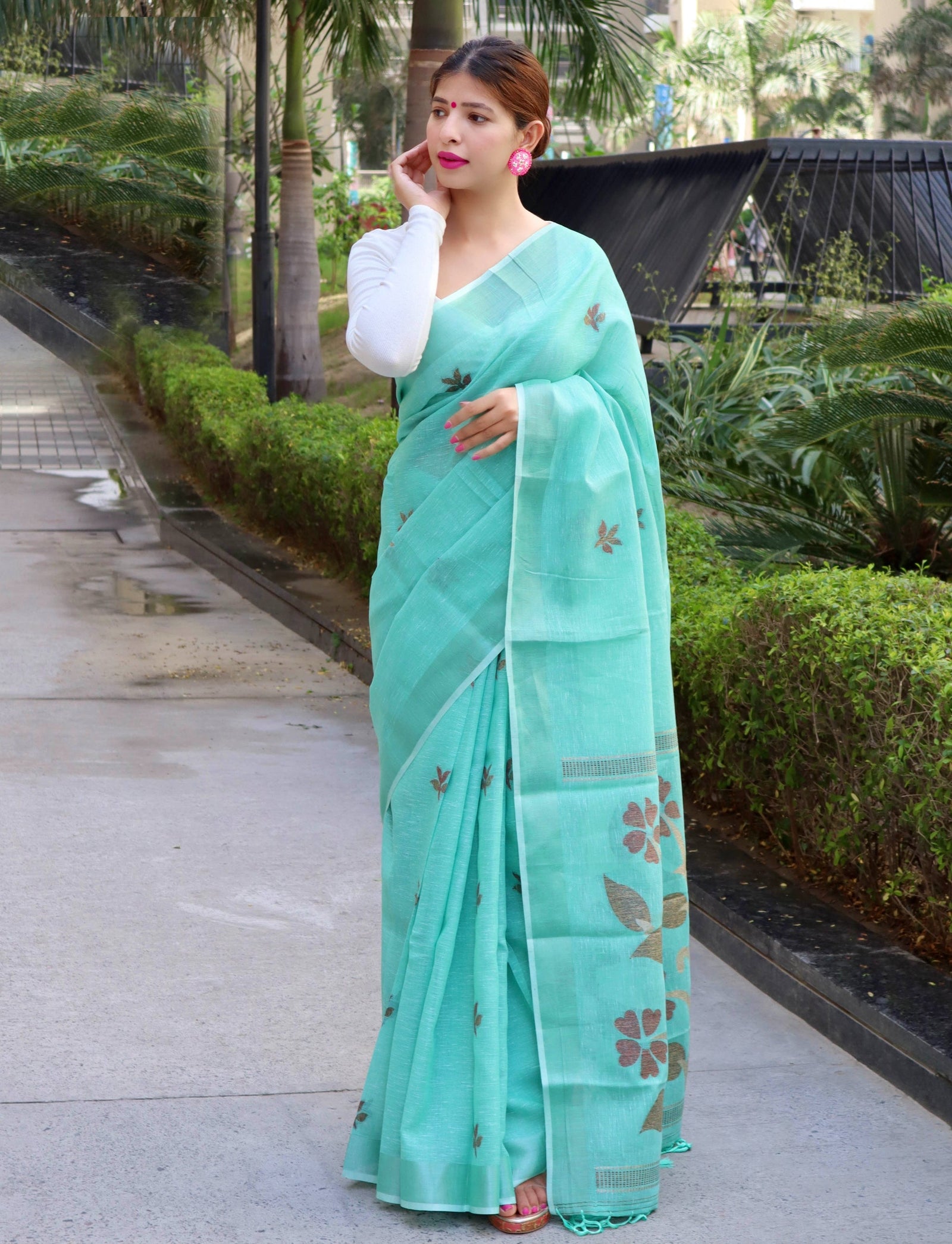 Pure Linen Copper Woven Saree Aquamarine Clothsvilla