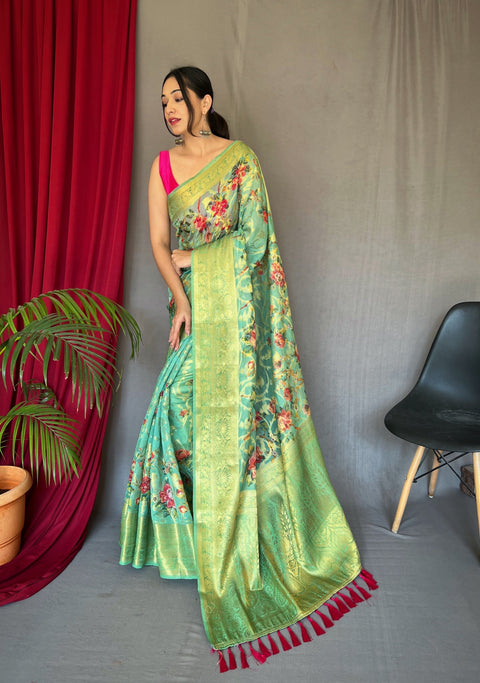 Mist Green Anokhi Kora Muslin Silk Floral Printed Jaal Woven Saree Clothsvilla Main image