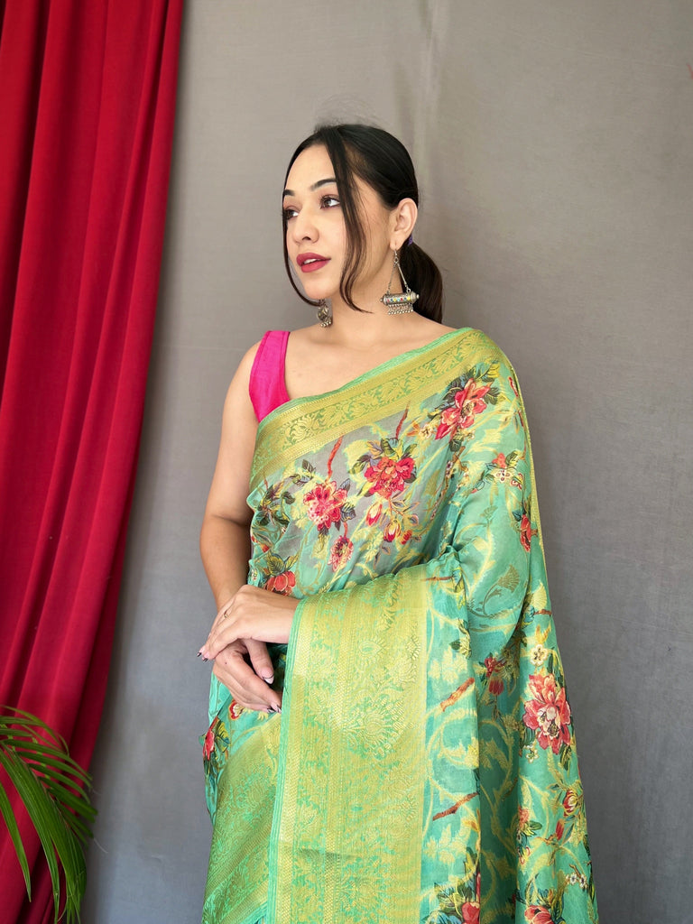 Mist Green Anokhi Kora Muslin Silk Floral Printed Jaal Woven Saree Clothsvilla