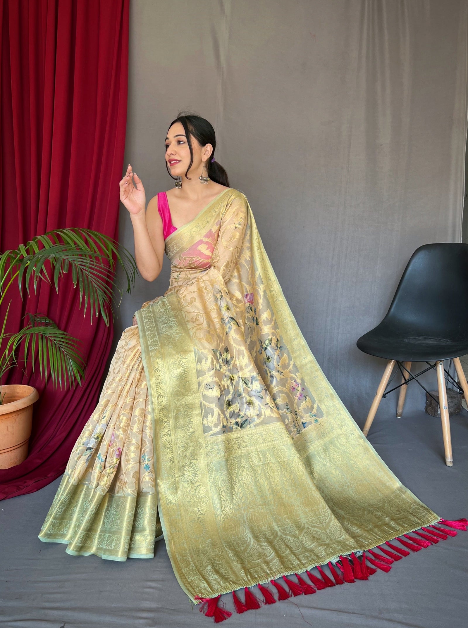 Cream Pista Anokhi Kora Muslin Silk Floral Printed Jaal Woven Saree Clothsvilla