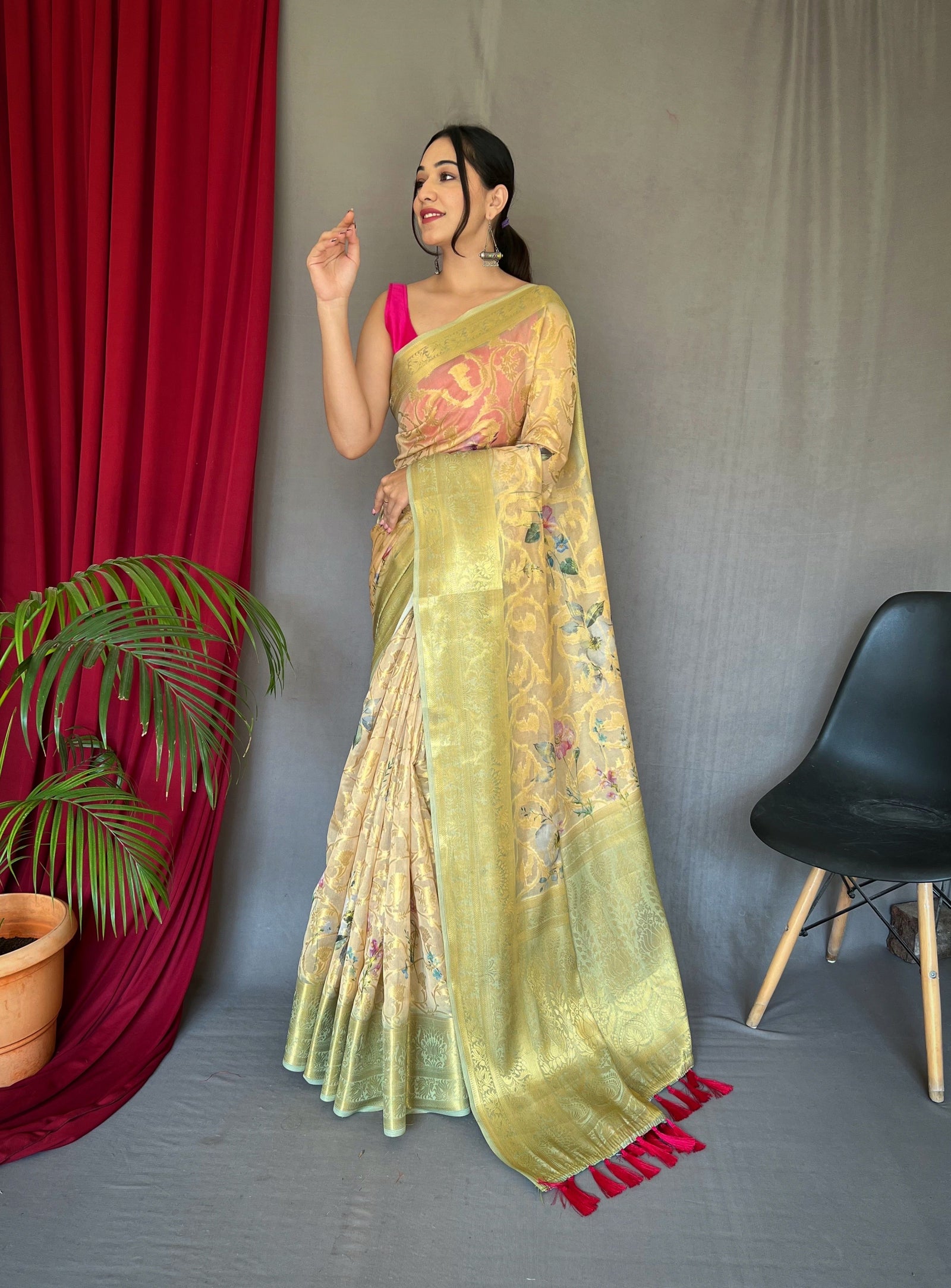 Cream Pista Anokhi Kora Muslin Silk Floral Printed Jaal Woven Saree Clothsvilla