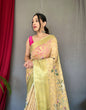 Load image into Gallery viewer, Cream Pista Anokhi Kora Muslin Silk Floral Printed Jaal Woven Saree Clothsvilla