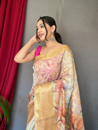 White Red Anokhi Kora Muslin Silk Floral Printed Jaal Woven Saree Clothsvilla