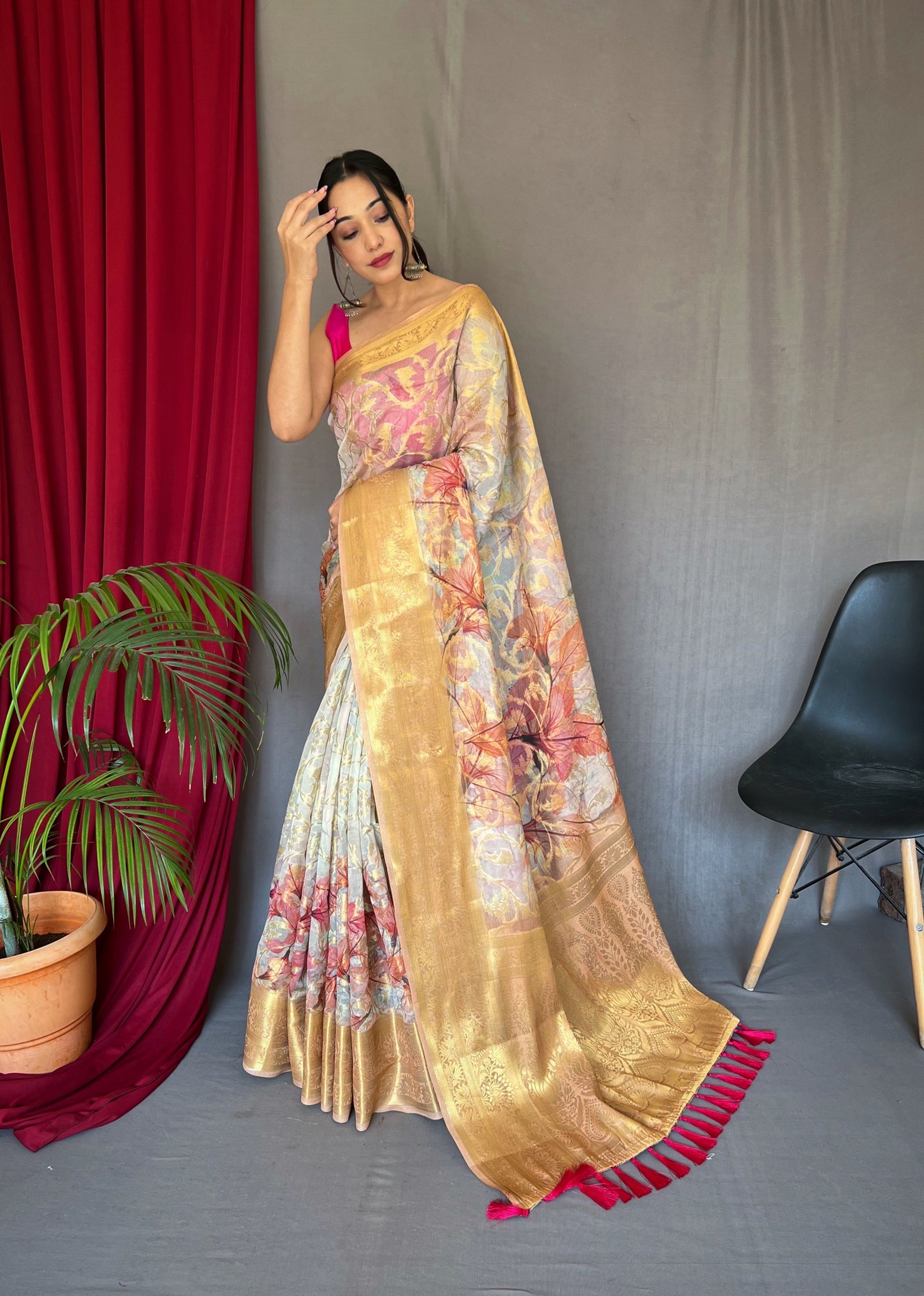 White Red Anokhi Kora Muslin Silk Floral Printed Jaal Woven Saree Clothsvilla