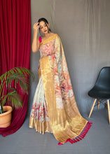 Load image into Gallery viewer, White Red Anokhi Kora Muslin Silk Floral Printed Jaal Woven Saree Clothsvilla