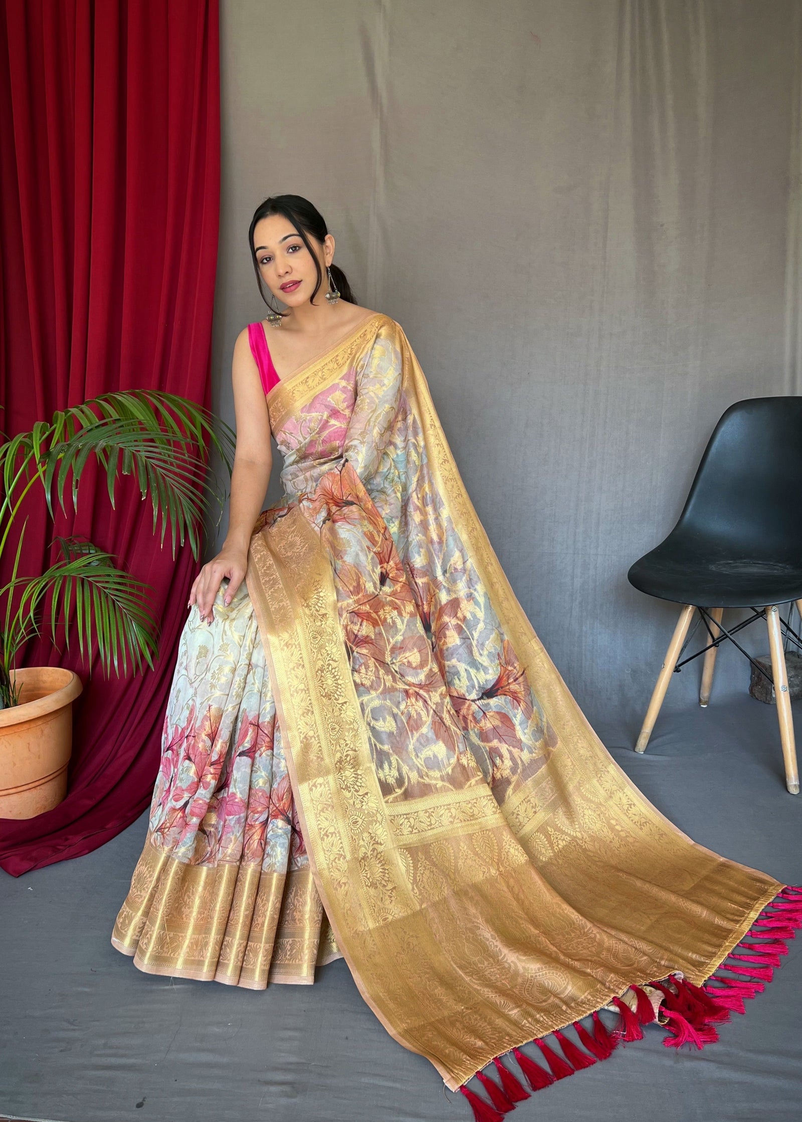 White Red Anokhi Kora Muslin Silk Floral Printed Jaal Woven Saree Clothsvilla