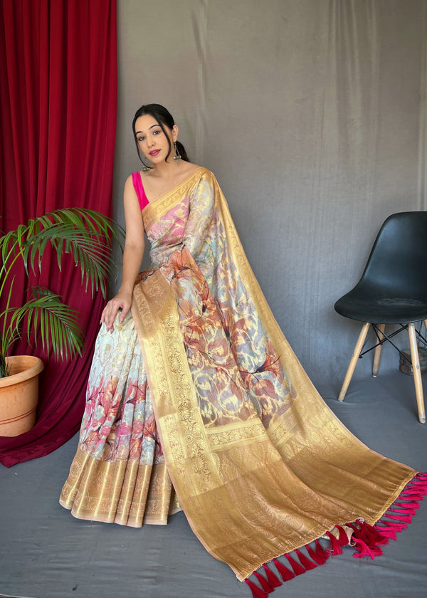 White Red Anokhi Kora Muslin Silk Floral Printed Jaal Woven Saree Clothsvilla