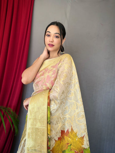 White Maple Anokhi Kora Muslin Silk Floral Printed Jaal Woven Saree Clothsvilla