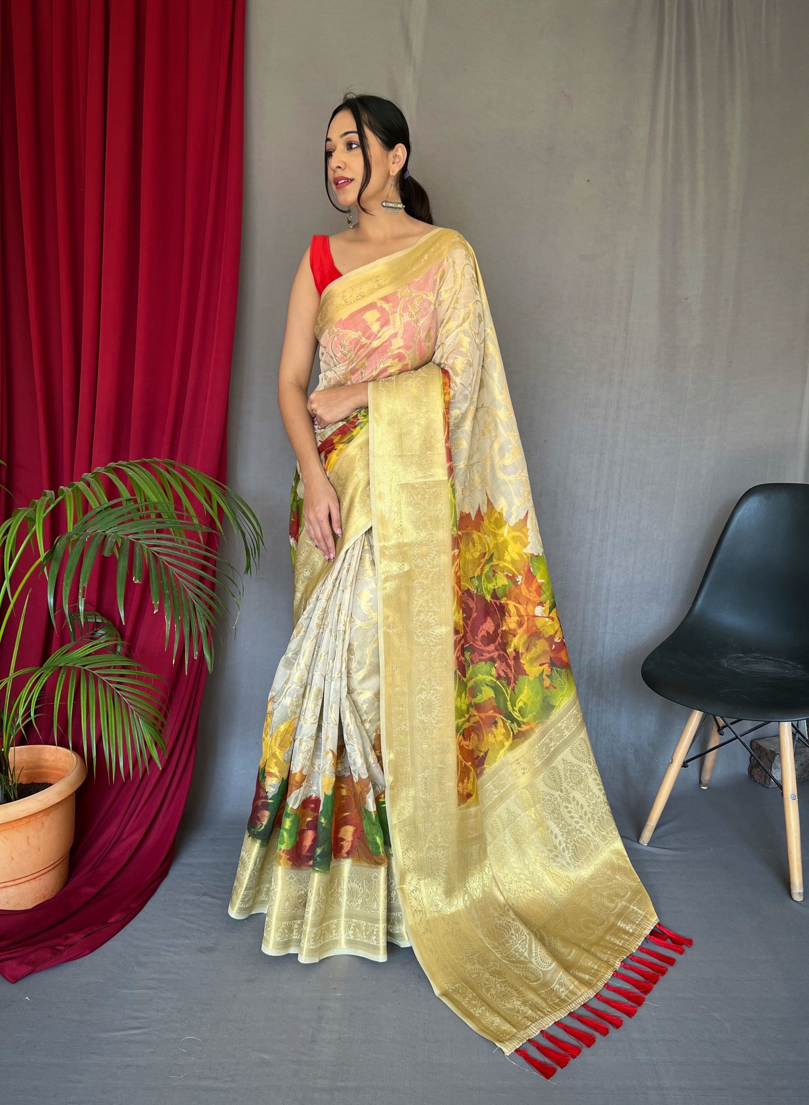 White Maple Anokhi Kora Muslin Silk Floral Printed Jaal Woven Saree Clothsvilla