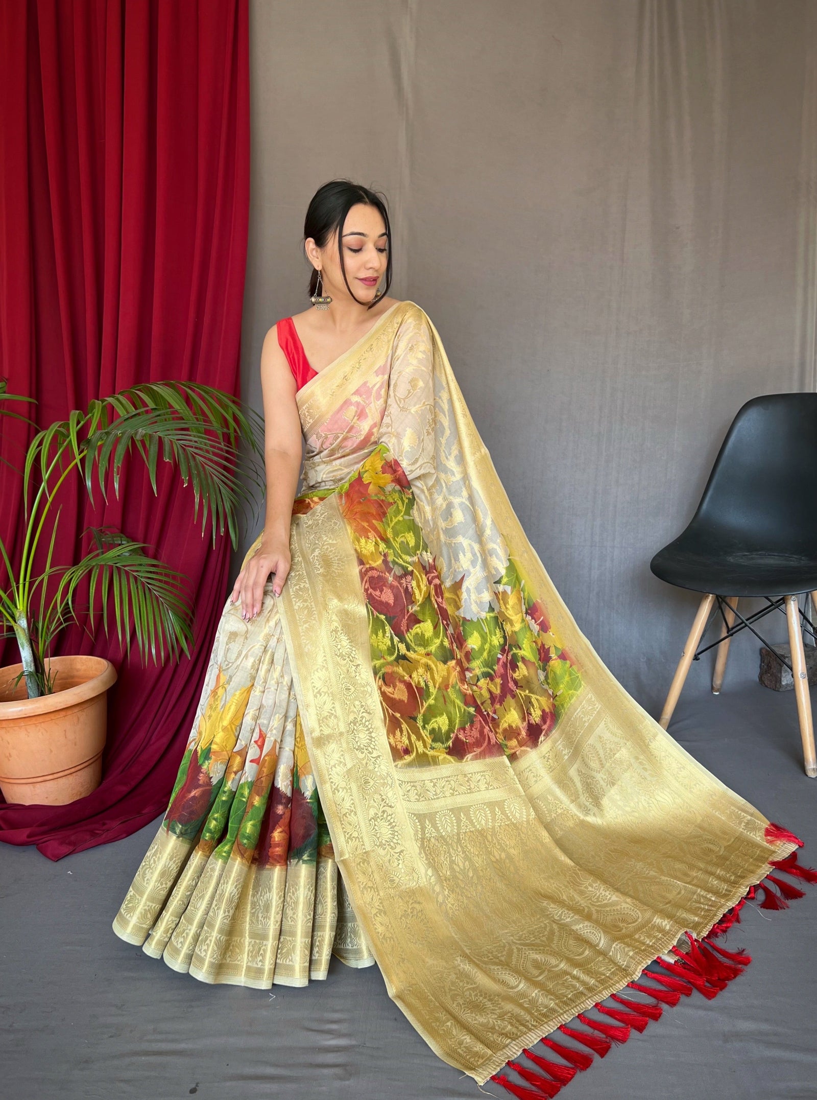 White Maple Anokhi Kora Muslin Silk Floral Printed Jaal Woven Saree Clothsvilla