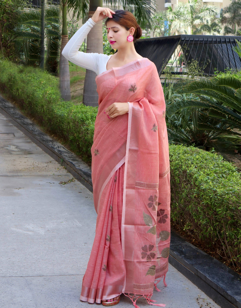 Pure Linen Copper Woven Saree Sea Pink Clothsvilla