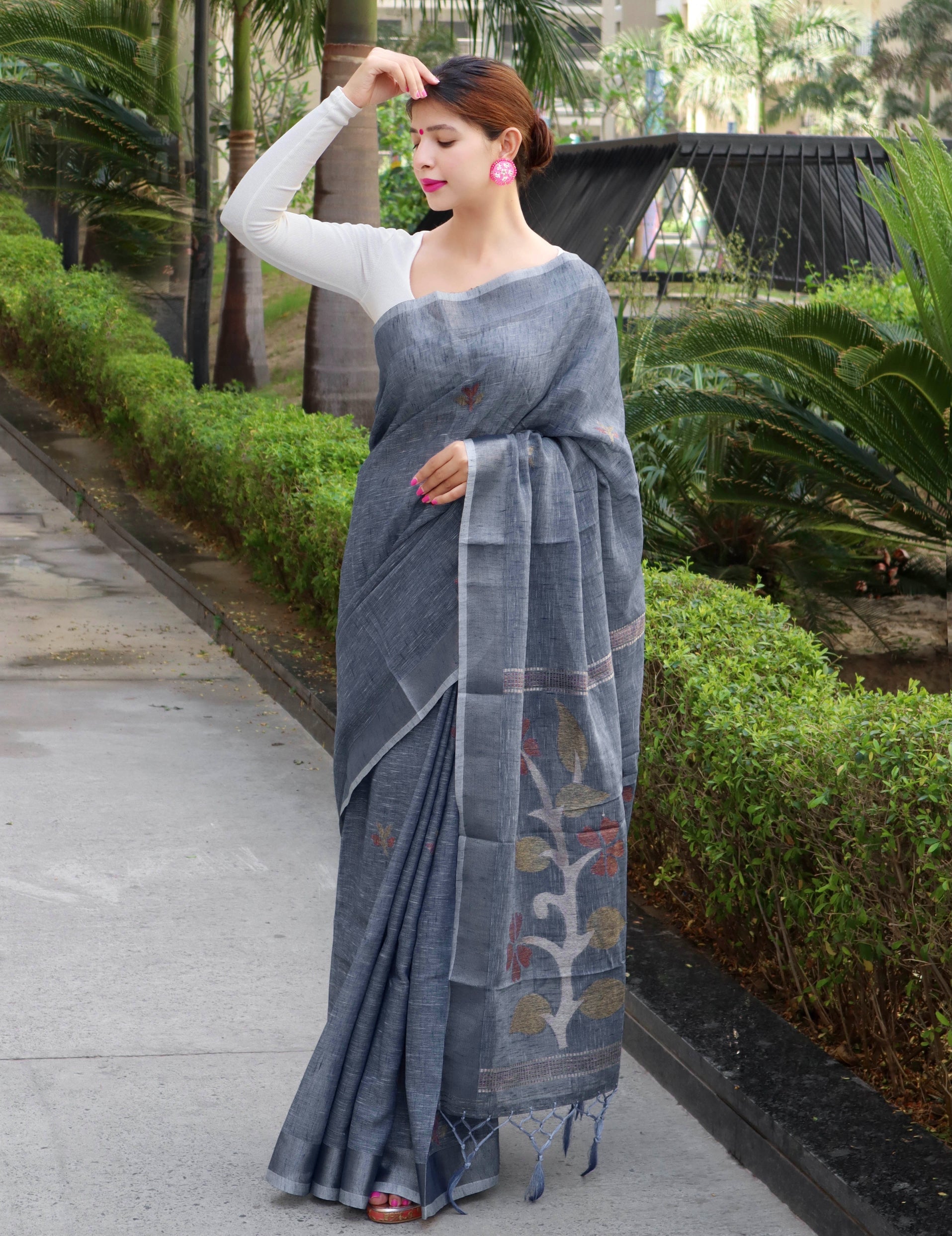 Pure Linen Copper Woven Saree Grey Chateau Clothsvilla Main image