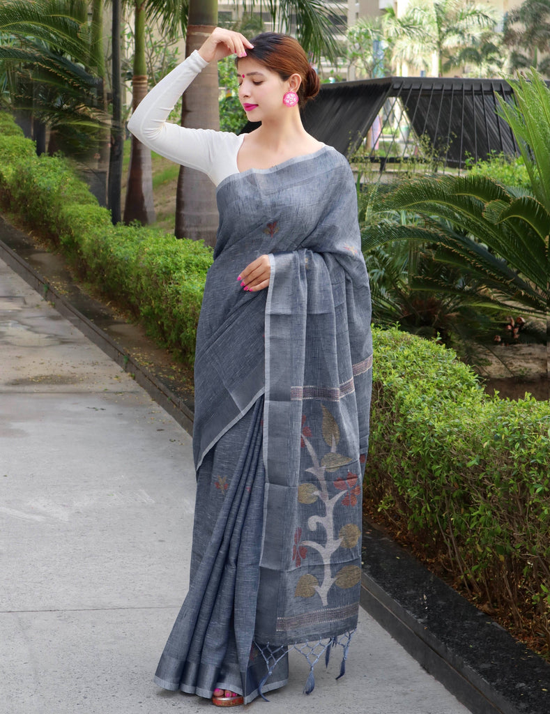 Pure Linen Copper Woven Saree Grey Chateau Clothsvilla