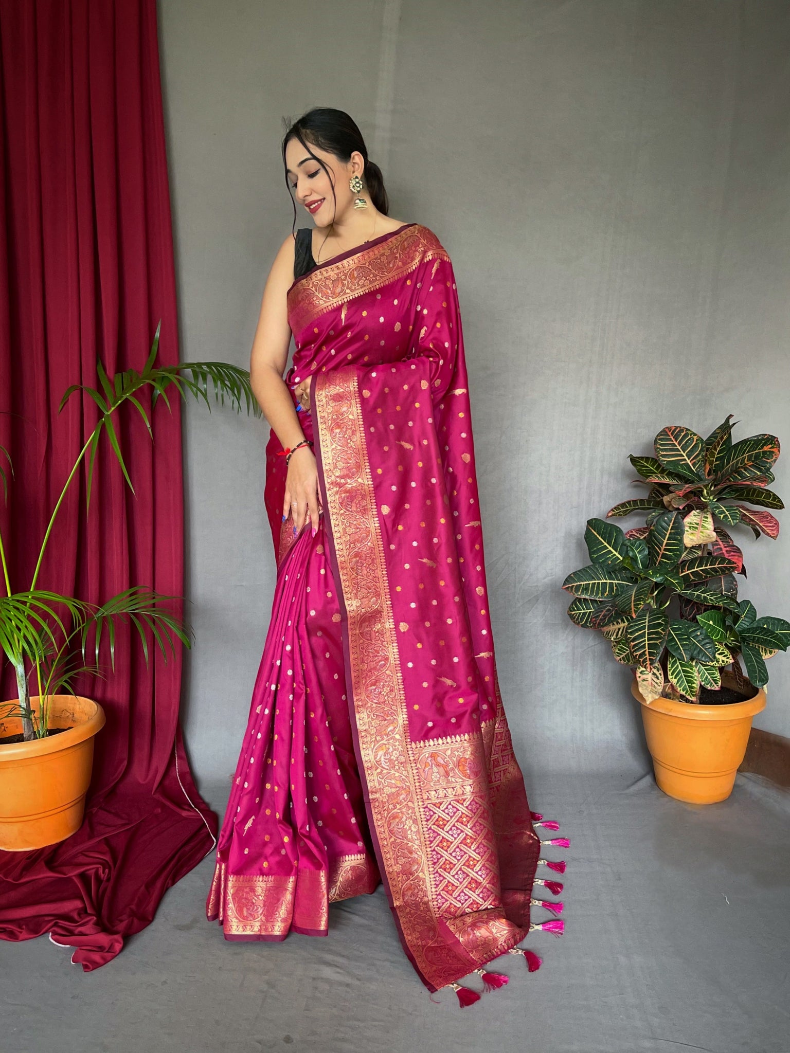 Dark Pink Saree in Soft Silk Multi Color Zari - Clothsvilla