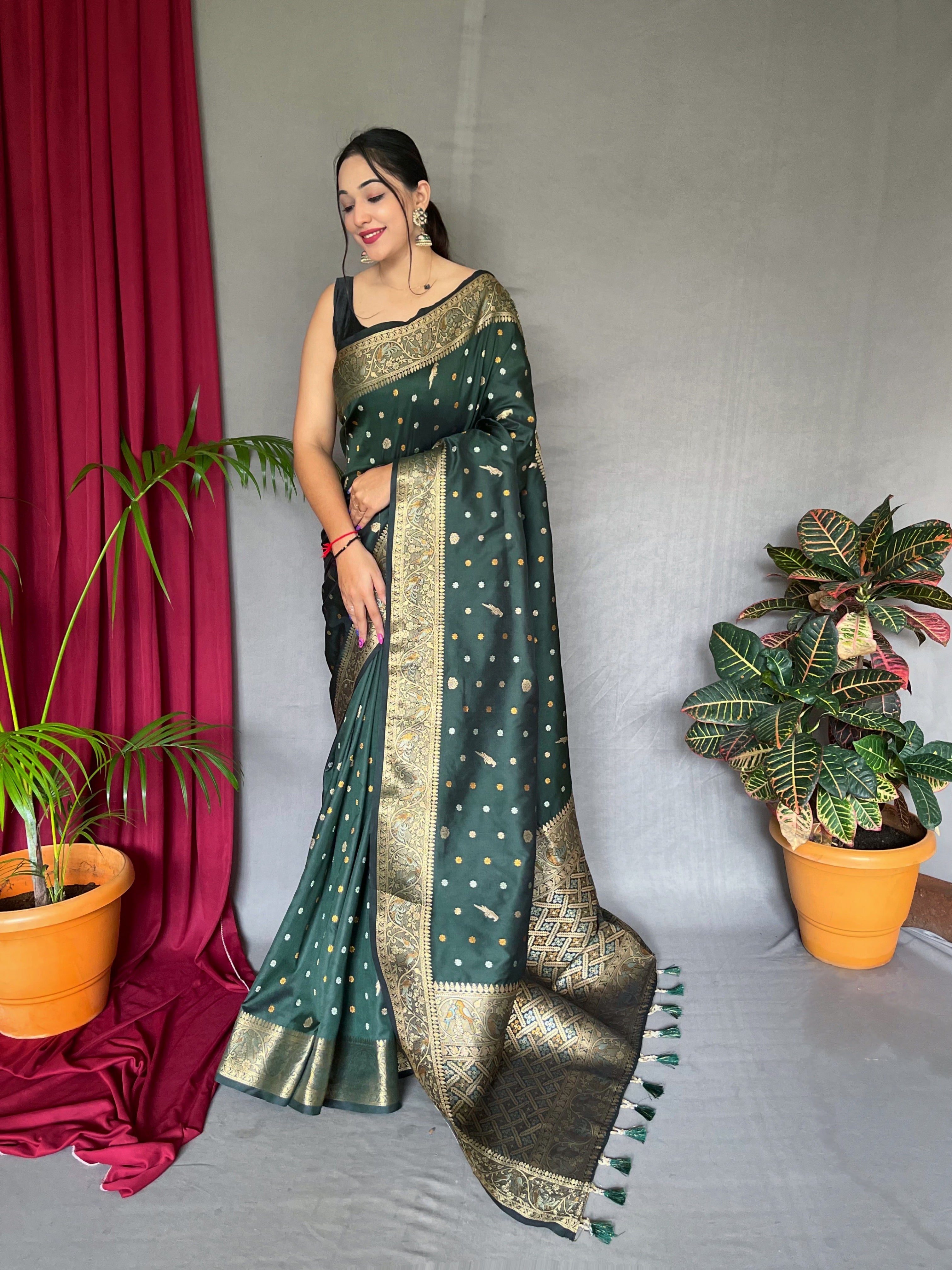 Udaan Soft Silk Multi Color Zari Woven Saree Lunar Green Clothsvilla