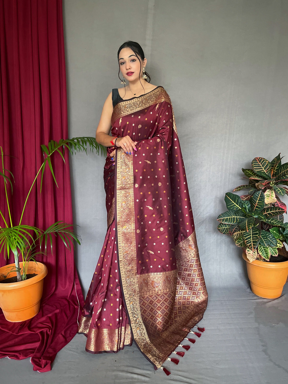 Udaan Soft Silk Multi Color Zari Woven Saree Sanguine Brown Clothsvilla Main image