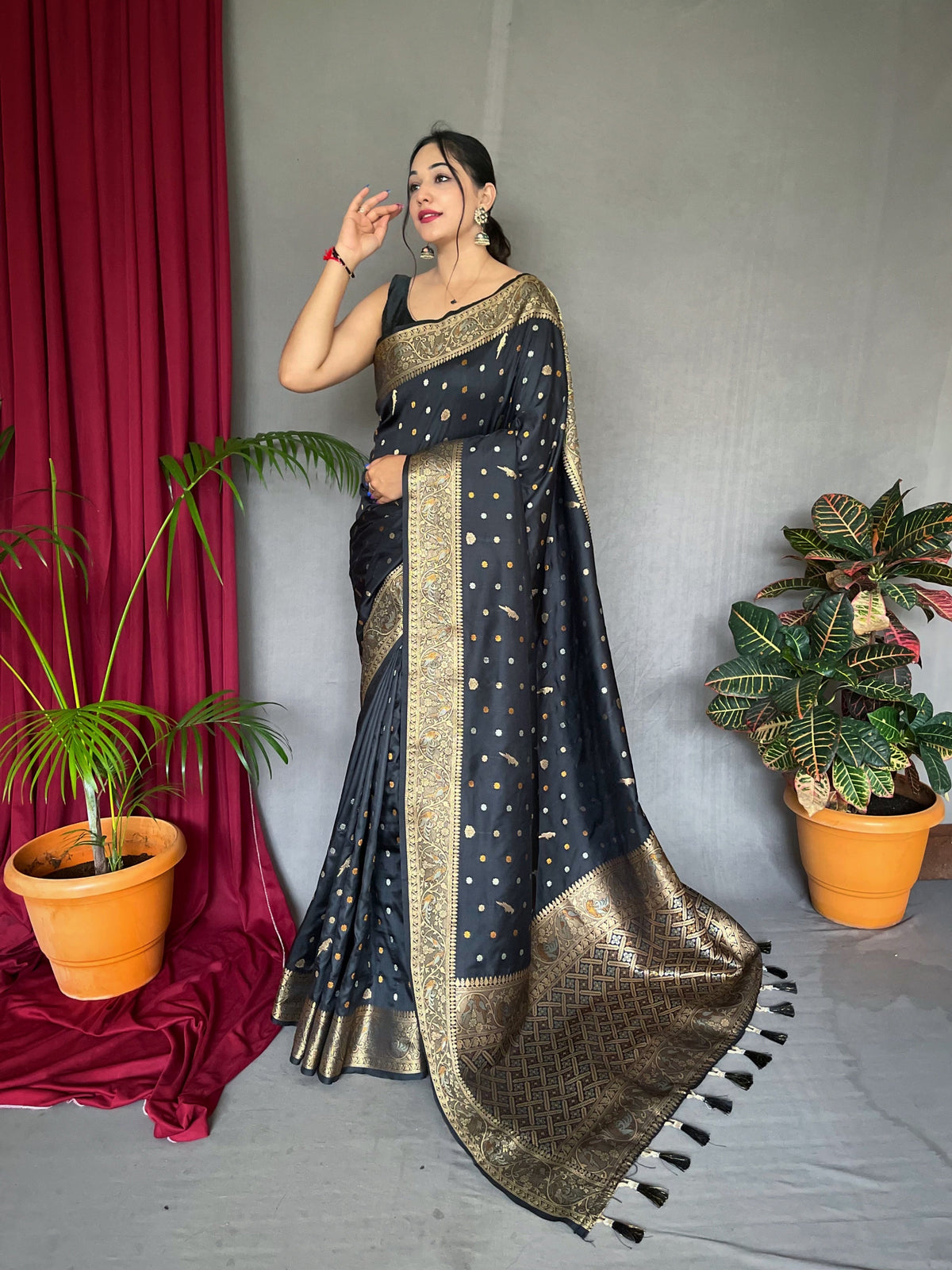 Udaan Soft Silk Multi Color Zari Woven Saree Black Clothsvilla Main image