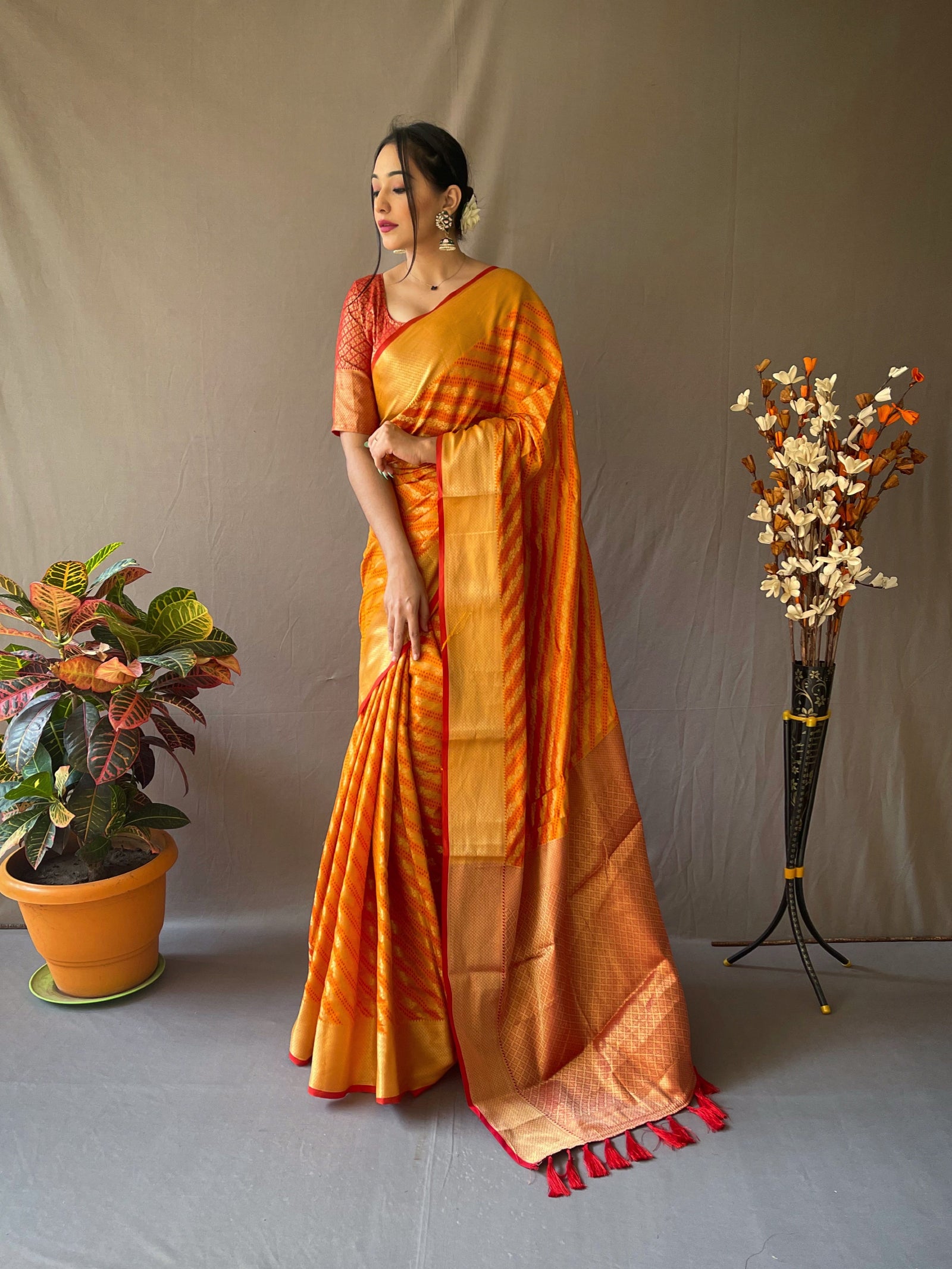 Patola Leheriya Woven Mustard Orange Clothsvilla