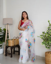 Load image into Gallery viewer, Organza Hand Painted Floral Saree White Clothsvilla