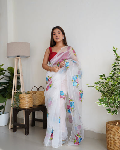 Organza Hand Painted Floral Saree White Clothsvilla