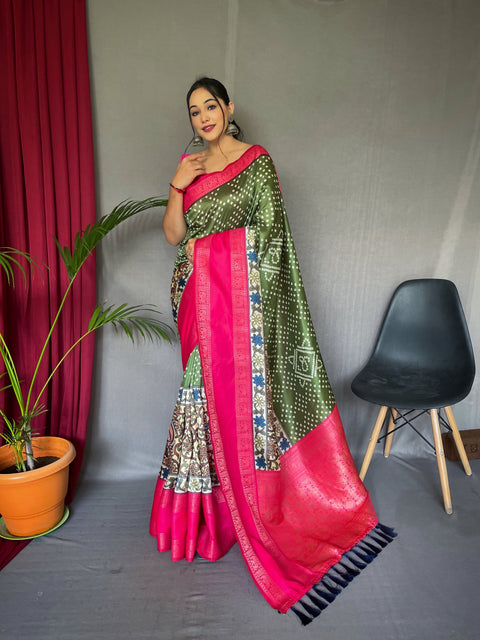 Gala Bandhej Kalamkari Printed Woven Saree Military Green Clothsvilla Main image