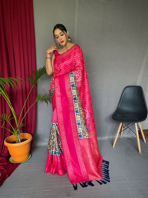 Gala Bandhej Kalamkari Printed Woven Saree Raspberry Pink Clothsvilla Main image