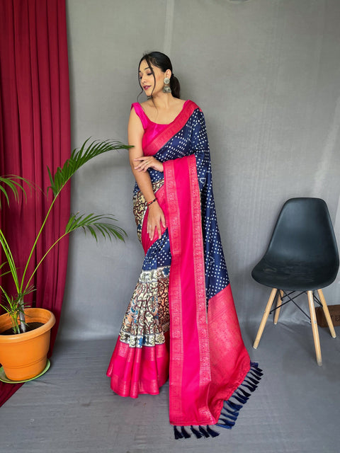 Gala Bandhej Kalamkari Printed Woven Saree Nile Blue Clothsvilla Main image