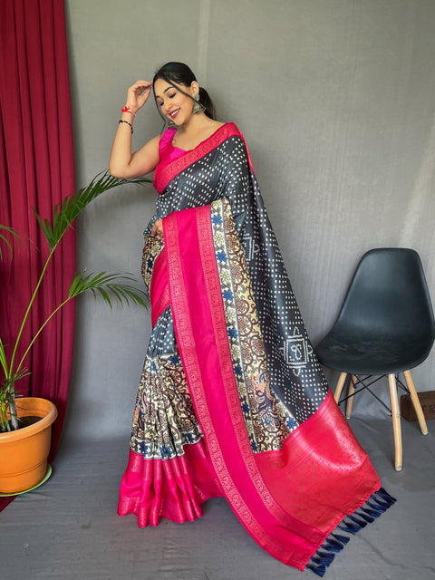 Gala Bandhej Kalamkari Printed Woven Saree Dark Grey Clothsvilla Main image