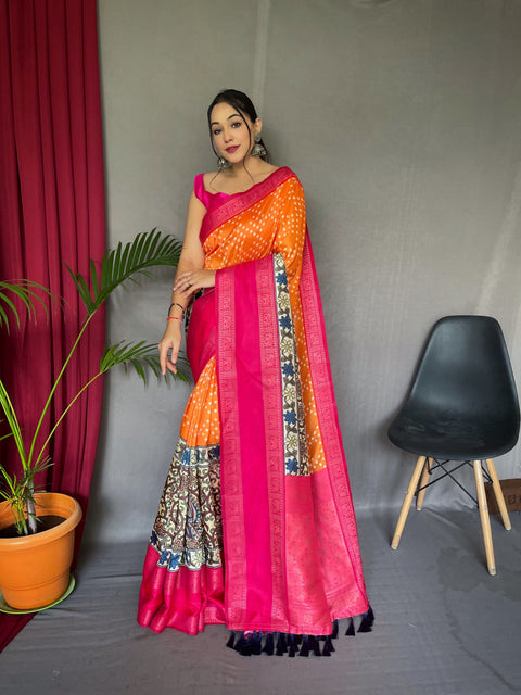 Gala Bandhej Kalamkari Printed Woven Saree Carrot Orange Clothsvilla Main image