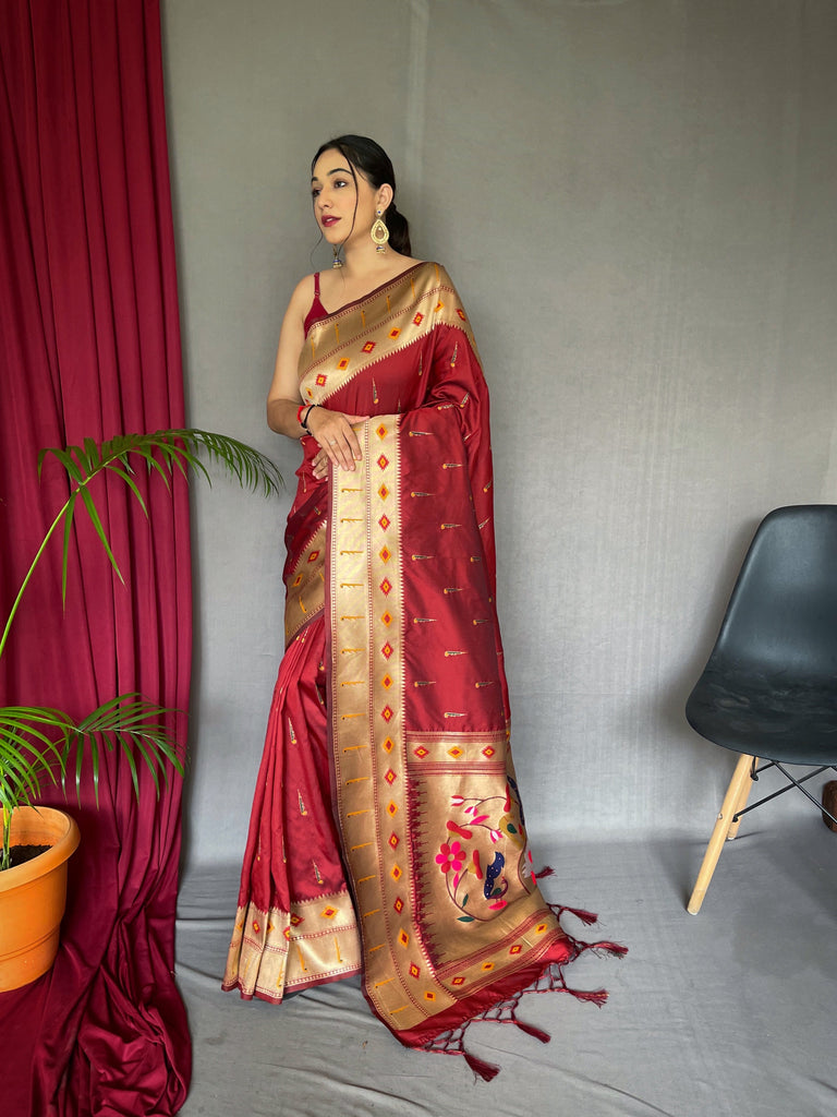 Muniya Paithani Silk Woven Saree Falu Red Clothsvilla
