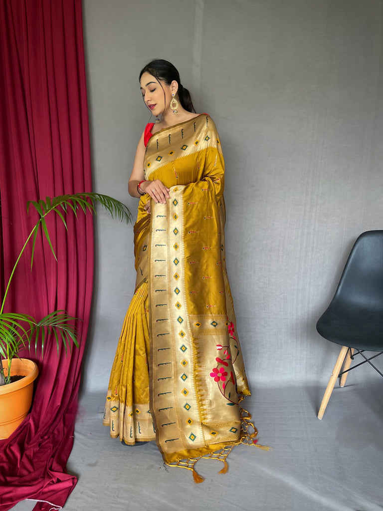 Muniya Paithani Silk Woven Saree Dark Gold Clothsvilla
